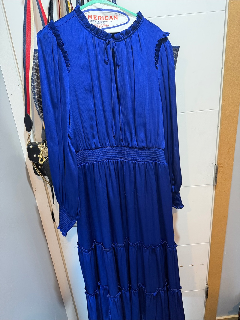 Blue Long Sleeve Maxi Dress - Elegant Tiered Design